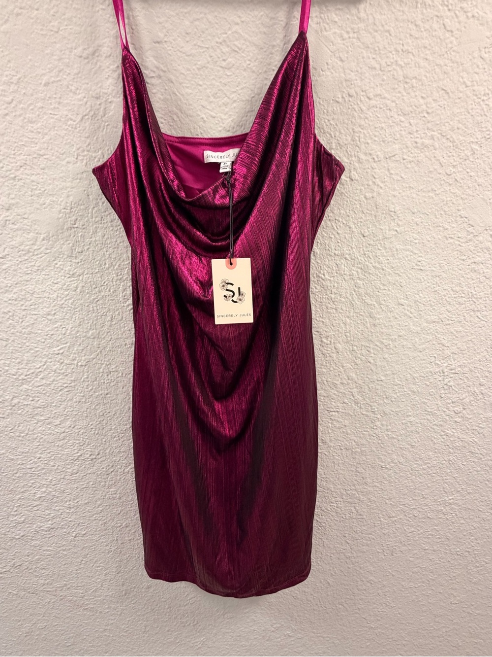 Sincerely Jules Metallic Magenta Cowl Neck Mini Dress